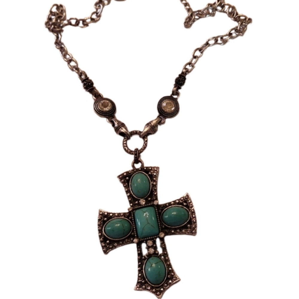 Very heavy cz turquoise cross vintage necklace New